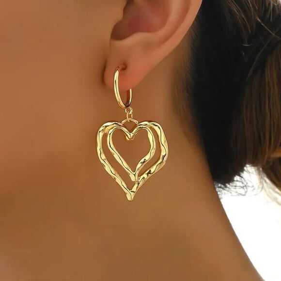 BOHO Double Layered Heart Dangle Earrings - Picture 3 of 5